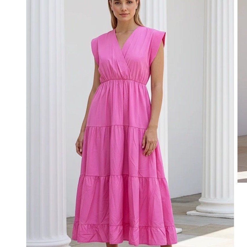Sofia Italy Tahoe Tiered Midi Dress Pink V Neck Elastic Waist Women M
